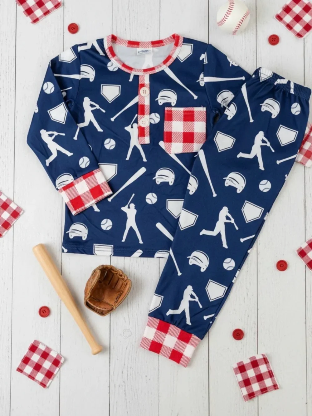 Kids Navy Baseball Print Set with Red Gingham Trim